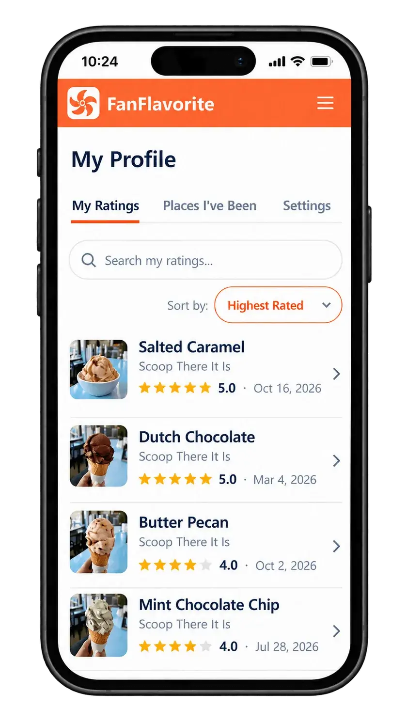 FanFlavorite on a phone showing customer ratings for a restaurant's dishes/flavors