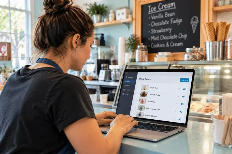Restaurant owner managing their menu items in FanFlavorite on a laptop