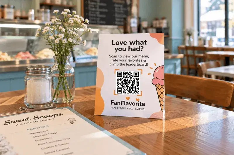 FanFlavorite QR code table tent on a restaurant table