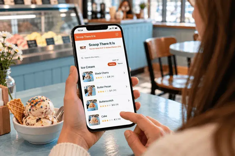 Customer browsing rated dishes/flavors on their phone in FanFlavorite