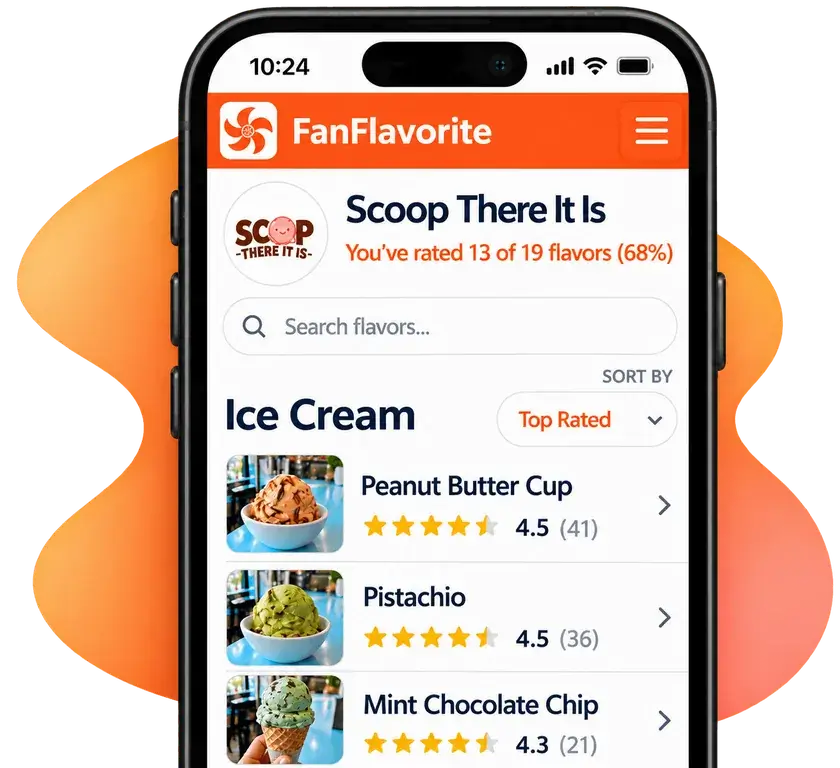 FanFlavorite on a phone showing a restaurant's ice cream dishes/flavors ranked by customer rating